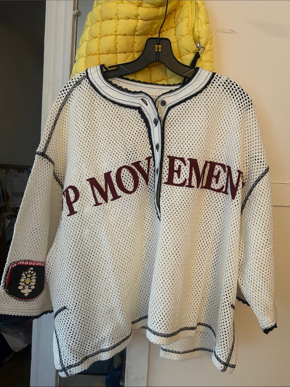 Women’s Free People Camp Out Cream Mesh Pullover with Burgundy Lettering